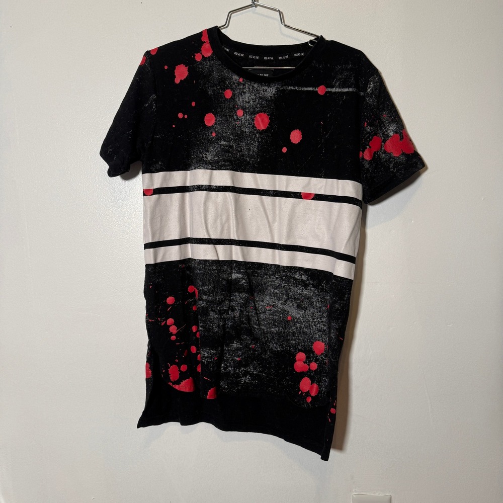 Rise As 1ne T-Shirt Mens Medium Black Red Paint Splatter High Low Hem Tee